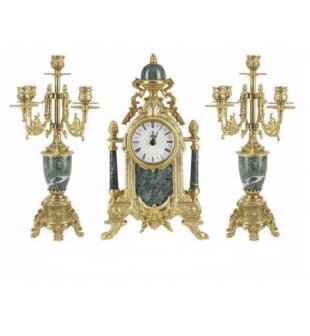 Набор два канделябра и часы ДИММАРК 449 - 425М, блестящая латунь, зеленый мрамор